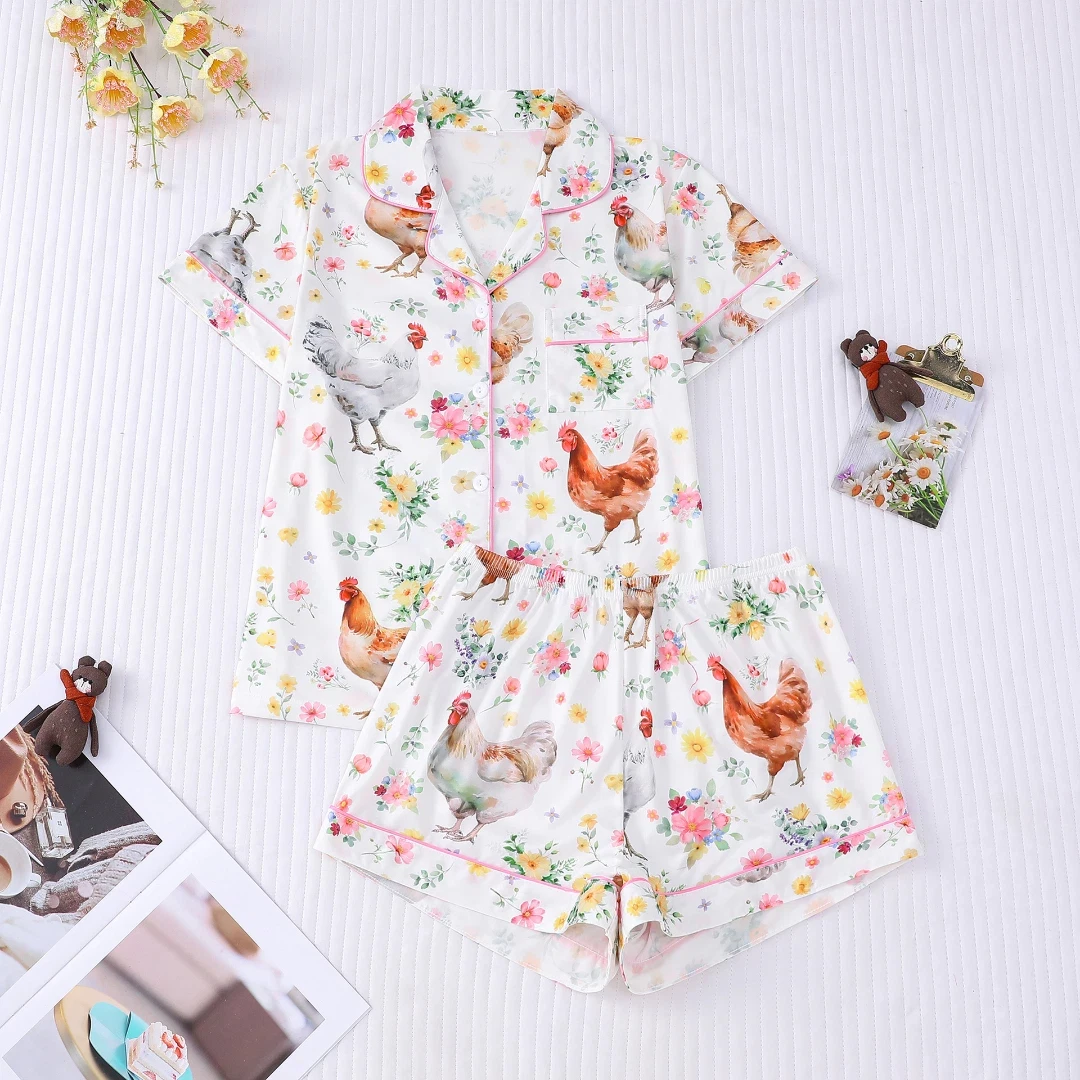 

Chick Print Pajamas Flower Lapel Short Sleeve Short Pants Loungewear Home Wear Set Sleepwear Clothes forTrousers Gift for Women
