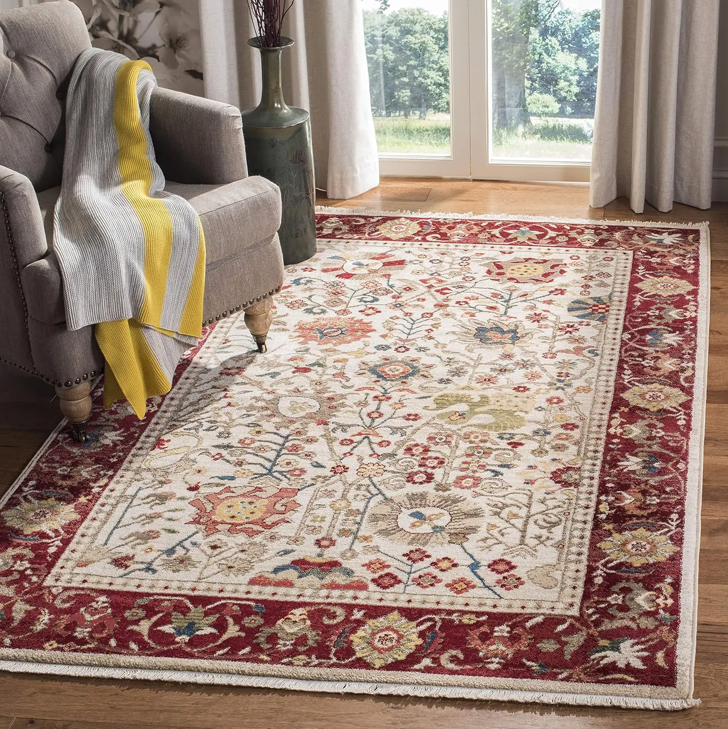 

Kashan Collection Area Rug - 5'1"" X 7'5"", Ivory & Red, Traditional Oriental Design, Non-Shedding & Easy Care, I For High