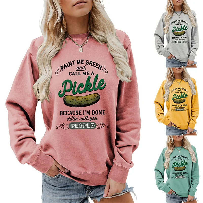 New cotton women's autumn and winter fun trend paint me green and letter printed round neck long sleeve sports hoodie