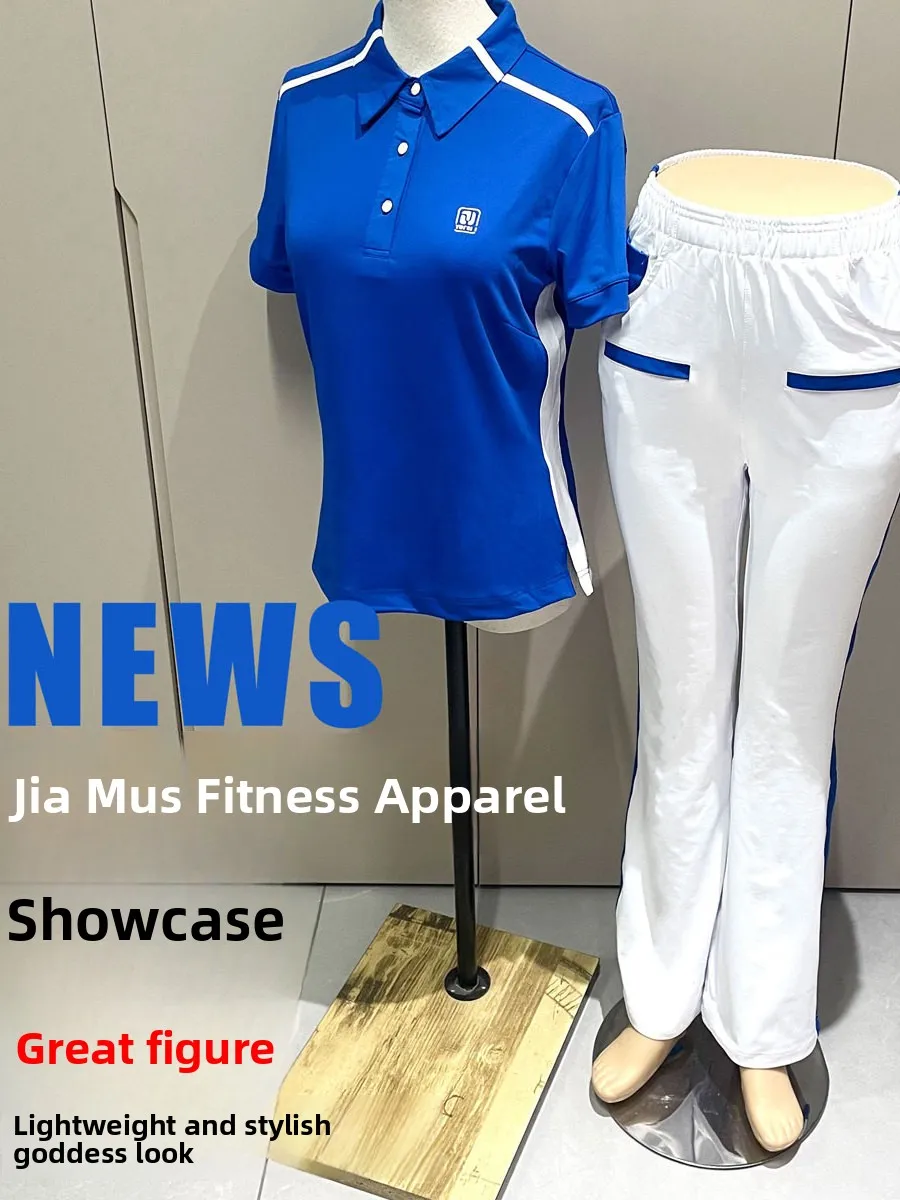 new-summer-outdoor-sports-fitness-operation-blue-shirt-white-pants-short-sleeve-set-for-women-high-waist-loose-fit-yoga-wear