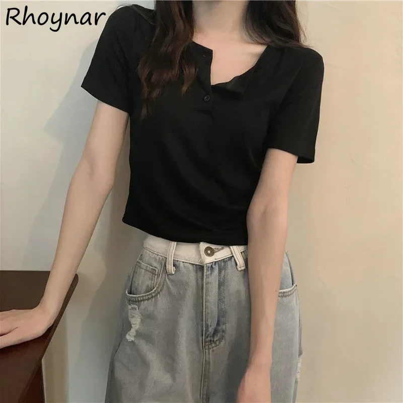 

T-shirts Women Stretchy Button Lovely Students Slim Tops Fashion Tees Chic Ulzzang Summer All-match Soft Solid New Lively Girls