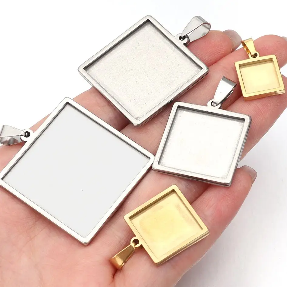 2pcs/Lot 10 15 20 25 30mm Thick Square Stainless Steel Cabochon Bases Setting Blank Bases For Pendants Tray DIY Necklace