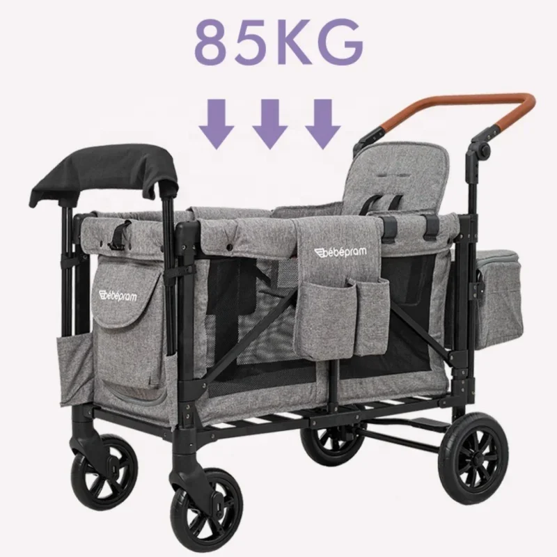 Foldable Camping Cart Folding Platform Portable Double Seat Camping Cart Children's Camper Trolley Cart Twin Camping Wagon