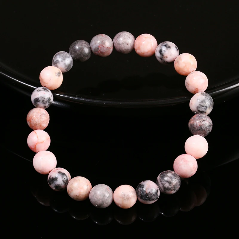 JD Natural Stone Pink Zebra Jasper Round Bead Bracelet Women Men Retro Charm Chakra Healing Stretch Bangle Yoga Meditation Gift