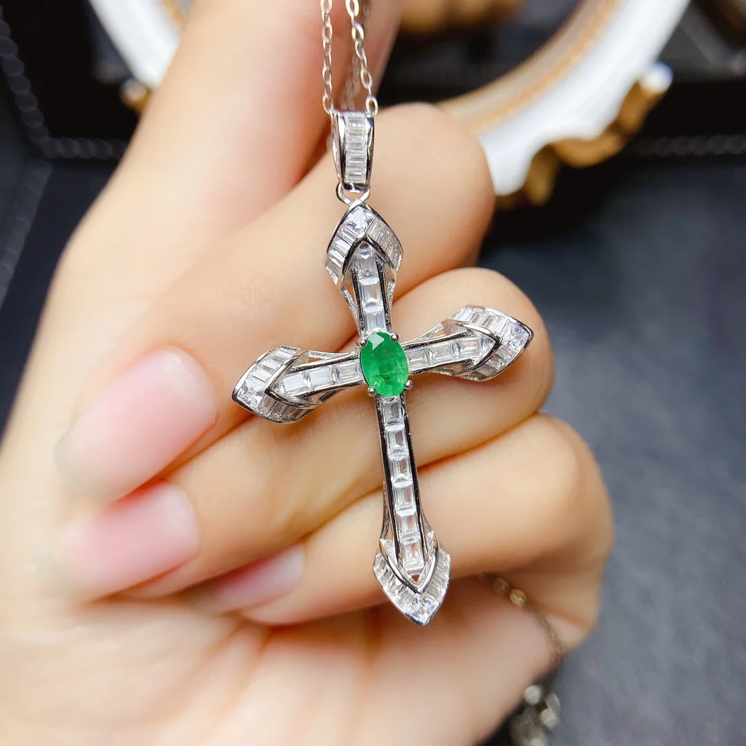 FS Natural Aquamarine/Topaz/Emerald Cross Pendants S925 Sterling Silver Fine Fashion Charm Wedding Jewelry for Women MeiBaPJ