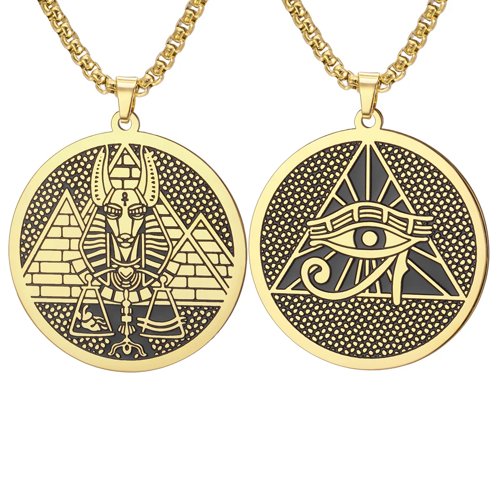 Egyptian God Anubis Double Sides Necklace Pharaoh Pyramid Eye of Horus Protection Amulet Stainless Steel Ancient Egypt Jewelry