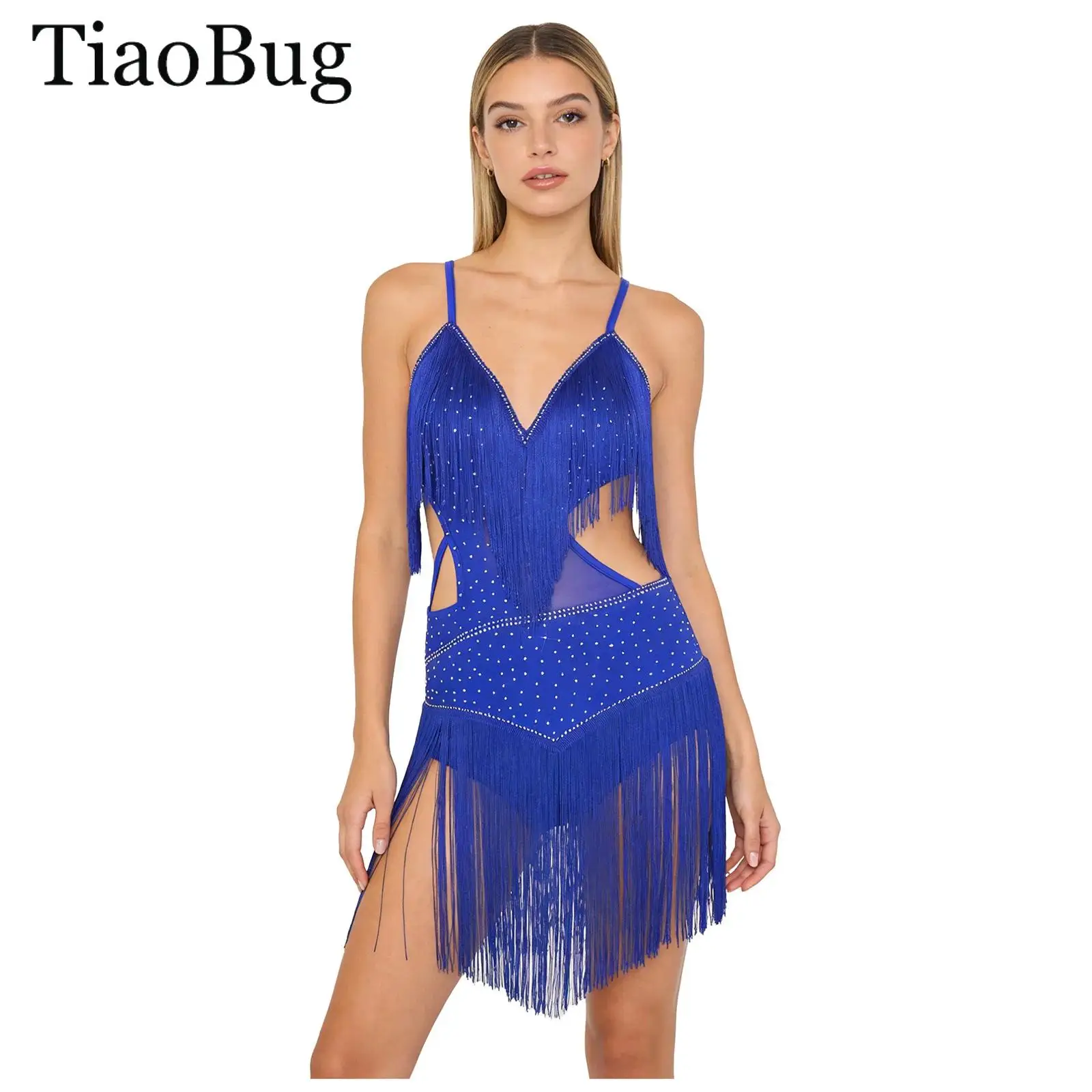 

Womens Latin Dance Leotard Dress Rhinestones Backless Tassel Sling Dress Ballet Salsa Tango Cha-cha Ballroom Skating Bodysuit