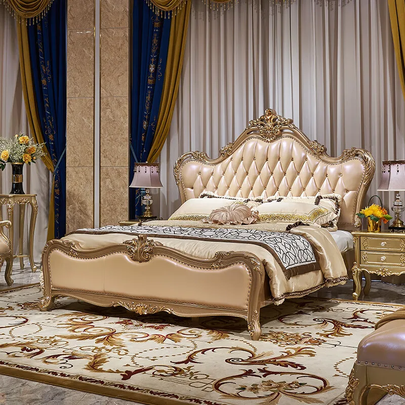 European Style Solid Wood Leather Wedding Bed 1.8 Meters Apartment Villa Oak Bedroom Furniture Luxury Royal Bed