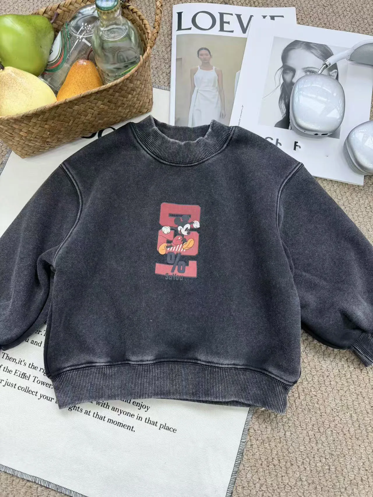 レトロミッキープリントフリーススウェットシャツ男の子のための秋冬漫画パターン厚みのあるパーカー韓国カジュアルファッションプルオーバートップス