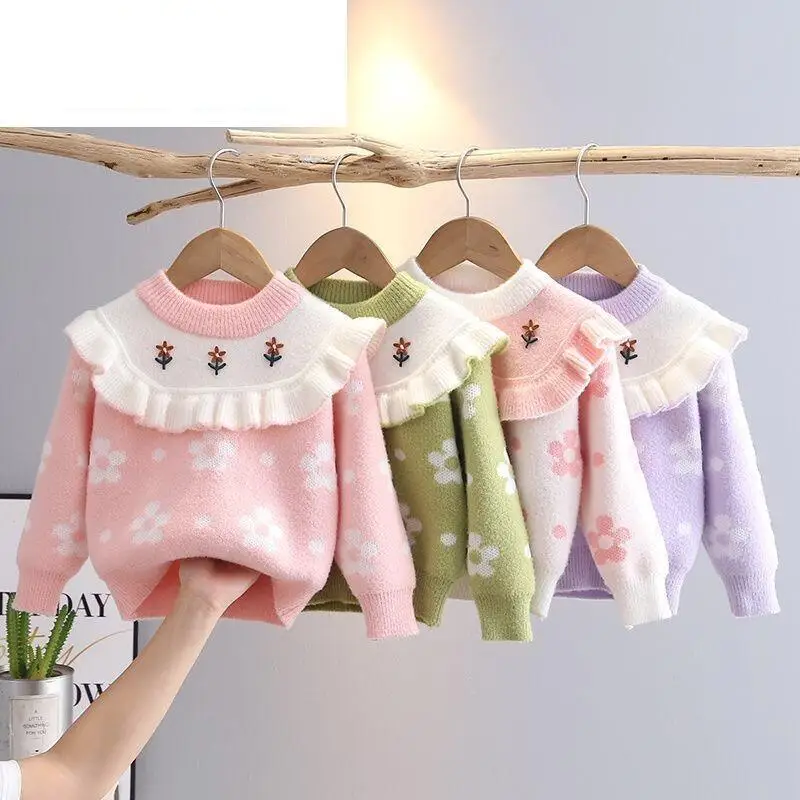 

Осенний свитер для девочек, зимние утепленные топы, пуловер с круглым вырезом, трикотаж, домашняя одежда, детская теплая кавайная модная новая повседневная одежда