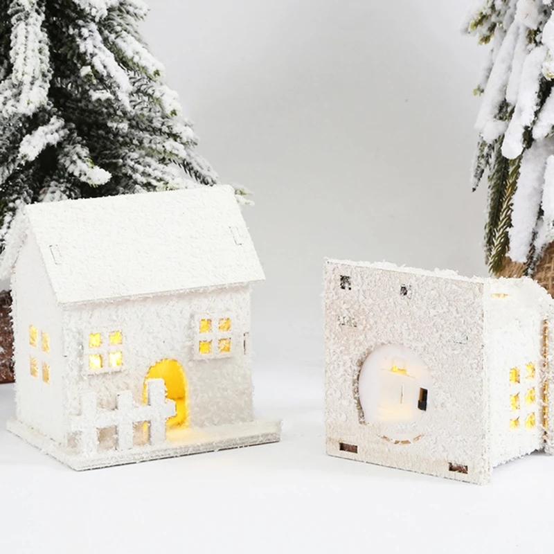 Christmas LED Light House Luminous Wooden Cabin Ornament Snow Scene Village Christmas Decoration For Home New Year Kids Gifts