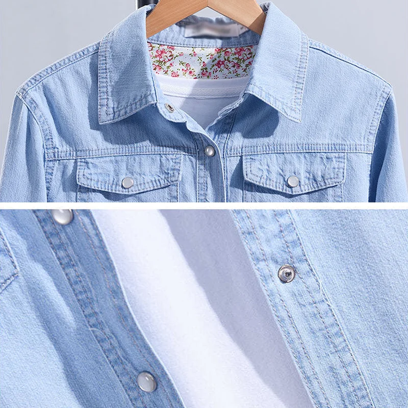 Casual Wash Blue Denim Shirts Women Basic Single-Breasted Jeans Blouses 2023 Spring Tops Loose Fashion Lapel Cowboy Blusas