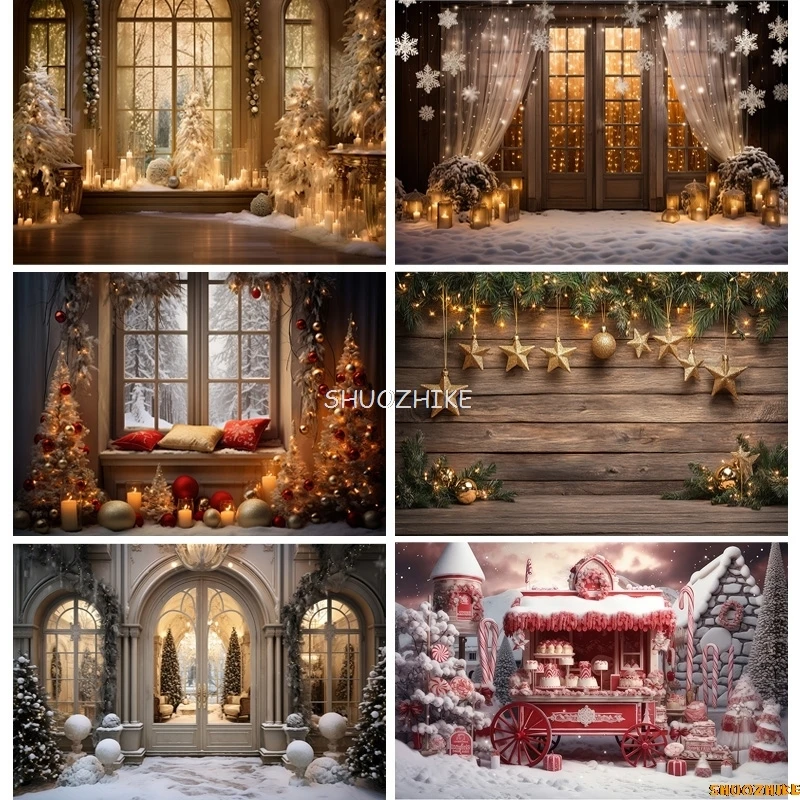 

Christmas Tree With Gift Boxes Photography Backdrops Winter Snow Decorations Wooden Door Fireplace Room Background Props WR-12