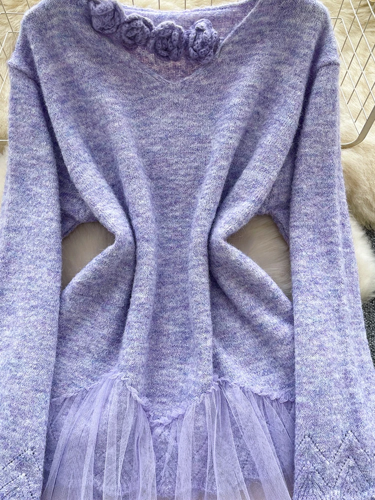 Женский осенне-зимний свитер, вязаный 3D цветок, v-образный вырез, длинные рукава, сетчатый лоскутный вязаный мягкий вязаный топ, пуловер, женский SW033