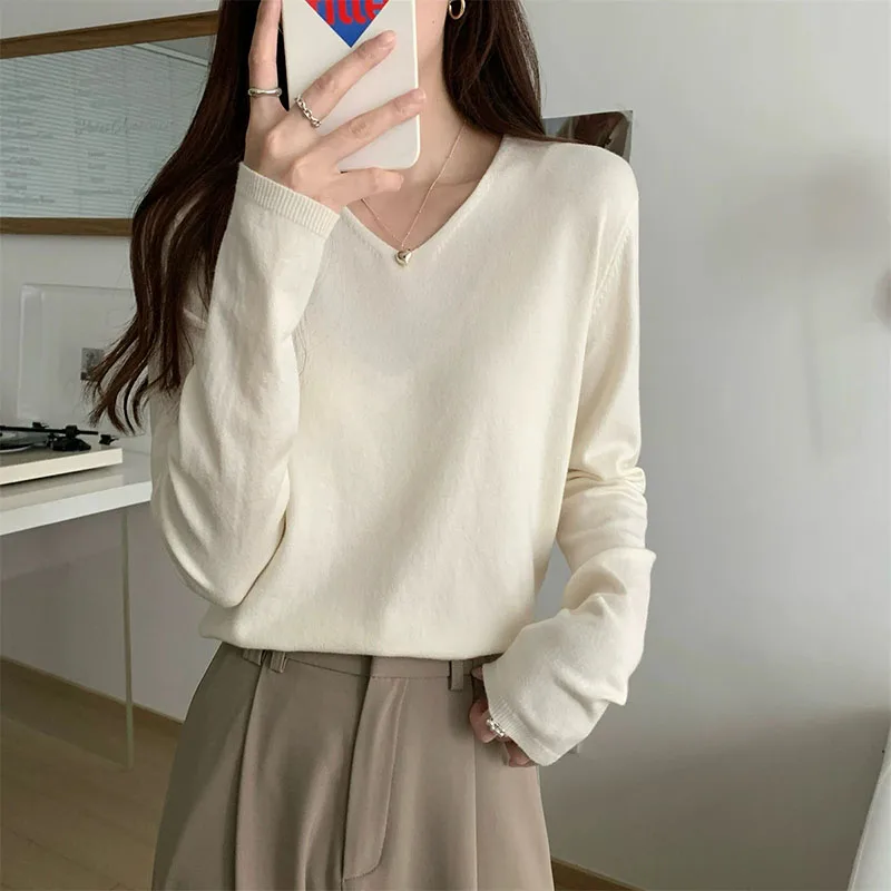 V Neck Thin Knit Sweater Women Soft Ribbed Long Sleeve Solid Basic Slim Pullover Autumn Winter All-Match Casual Knitted Jumpers