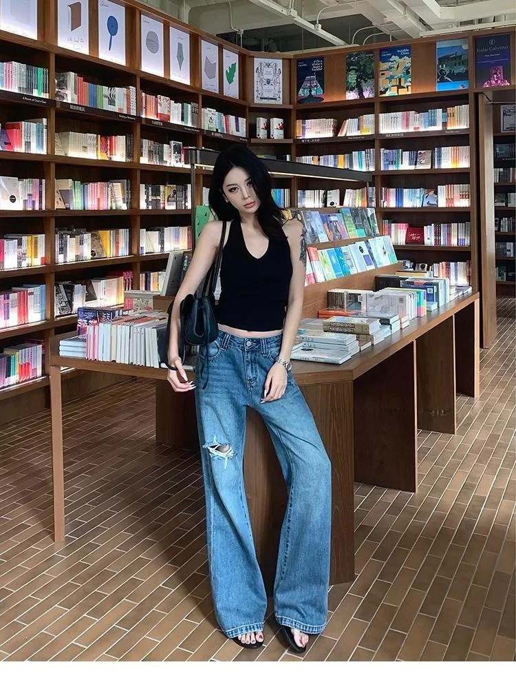 Rip Denim Pants Women's Summer Thin Wide Leg Cool Vintage Flared Pants Natural Waist Button Closure Casual Pure Color Breathable