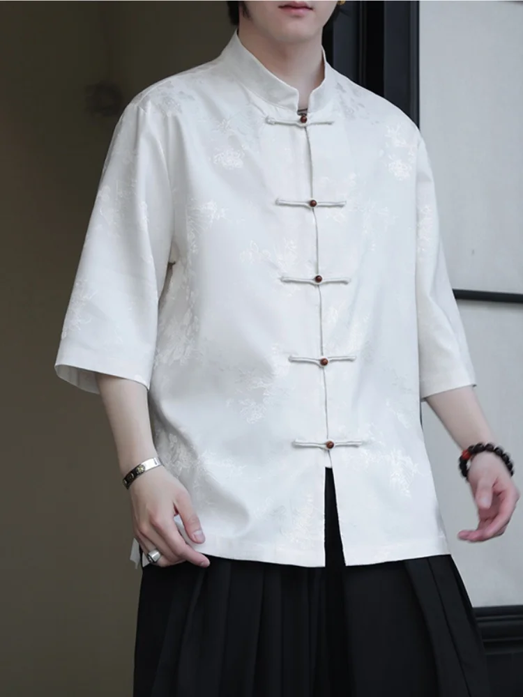

New Chinese Style Men's Short Sleeve Shirt Summer 2025 Tang Costume Embroidered Five Sleeve Loose Versatile Ice Silk Shirt