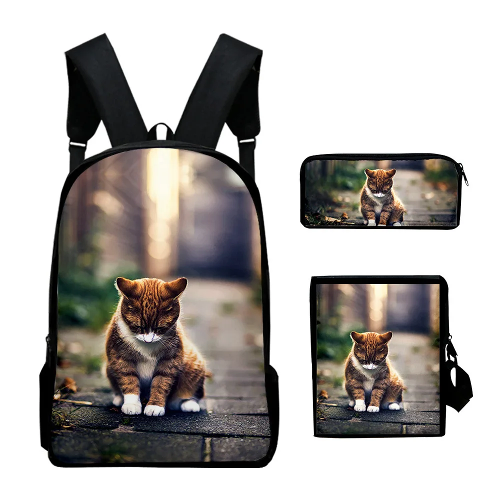 Cartoon Novelty Funny cat 3D Print 3pcs/Set pupil School Bags Laptop Daypack Backpack Inclined shoulder bag Pencil Case