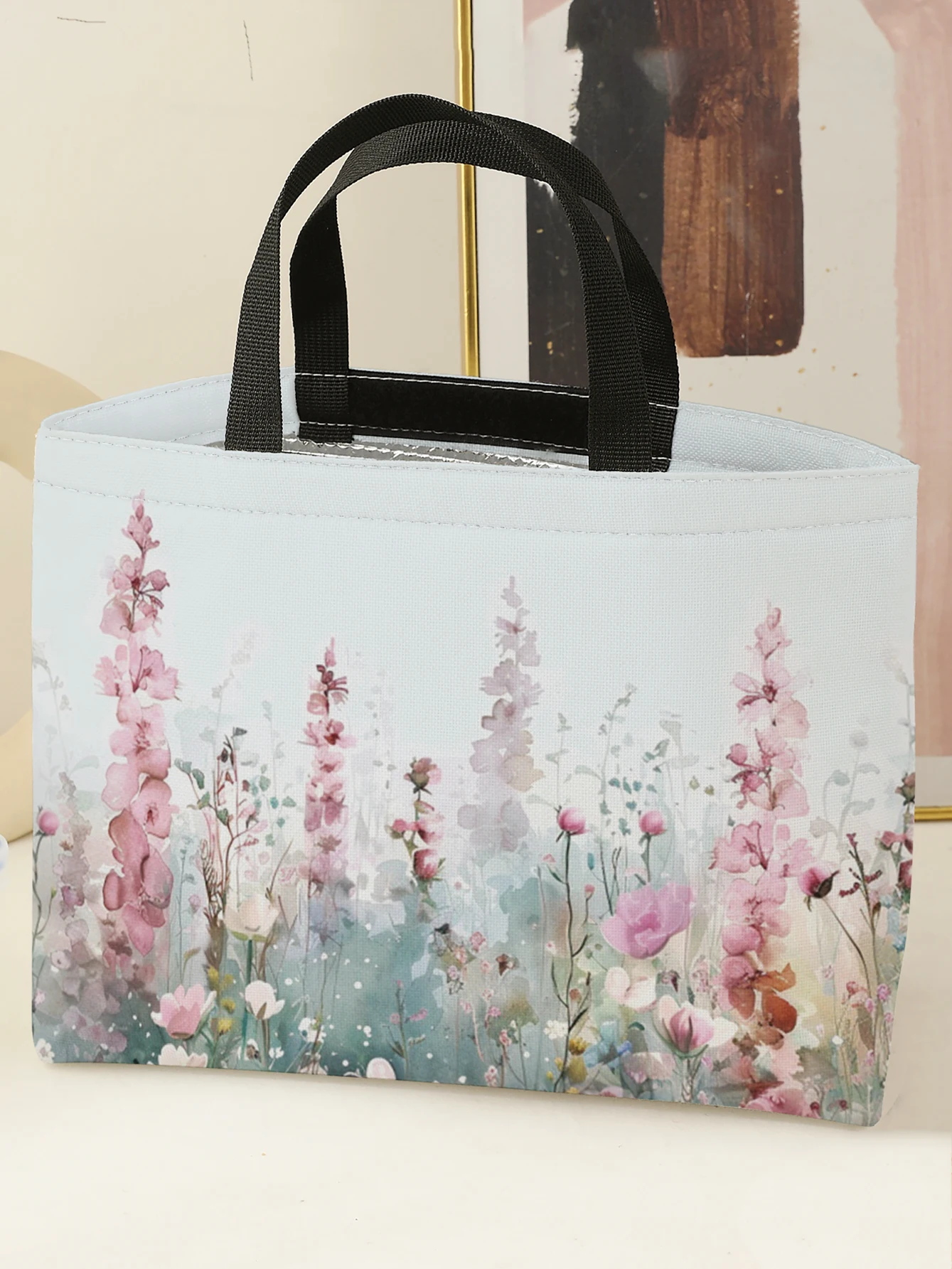 Watercolor Wild Floral Print Insulated Lunch Tote Large Capacity Aluminum Foil Liner Reusable Student Cooler Bag For Travel Picn