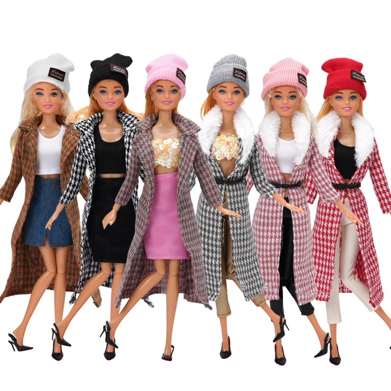 Barbies Doll Clothes Woolen Overcoat+Suit Dress+Knitted Hat+Earrings Suitable For 11.8inch,30CM Doll Casual Clothing Shoes Gift