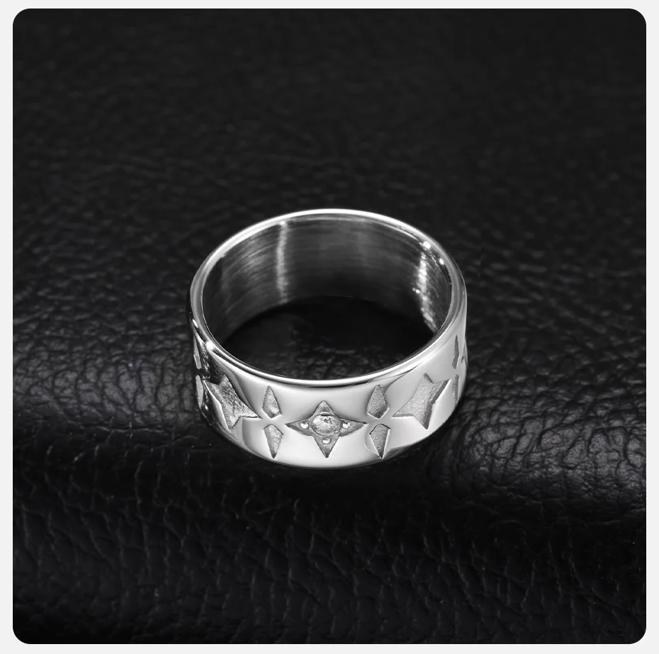 Vnox Edelstahl Herrenring, breiter Ring mit eingelegtem weißem Zirkon in Form eines vierzackigen Sterns, silberfarbener Fingerschmuck, Geschenkgröße 7-12 – Detail 6