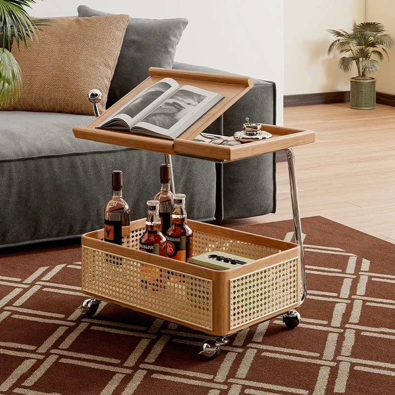 Solid Wood Side Table, Removable Storage, Second-hand Trolley, Living Room Sofa Storage Rack, Rattan Simple Dining Cart