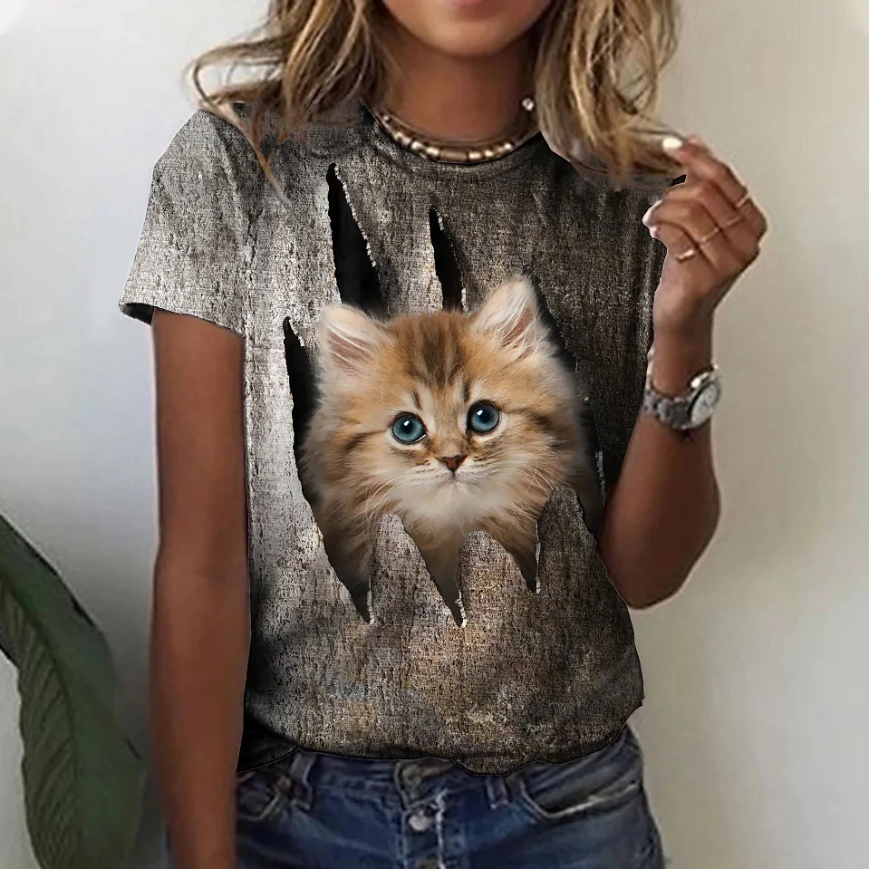 Camisetas con estampado de gato en 3D para mujer, camiseta Harajuku de manga corta, camiseta informal Kawaii para niñas, ropa Unisex de gran tamaño