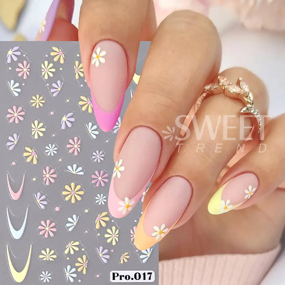 5D Embossed Flower Nail Stickers Colorful Simple DIY Wildflower Daisy Geometric Lines Gel Polish Decals Wedding Engraved Slider