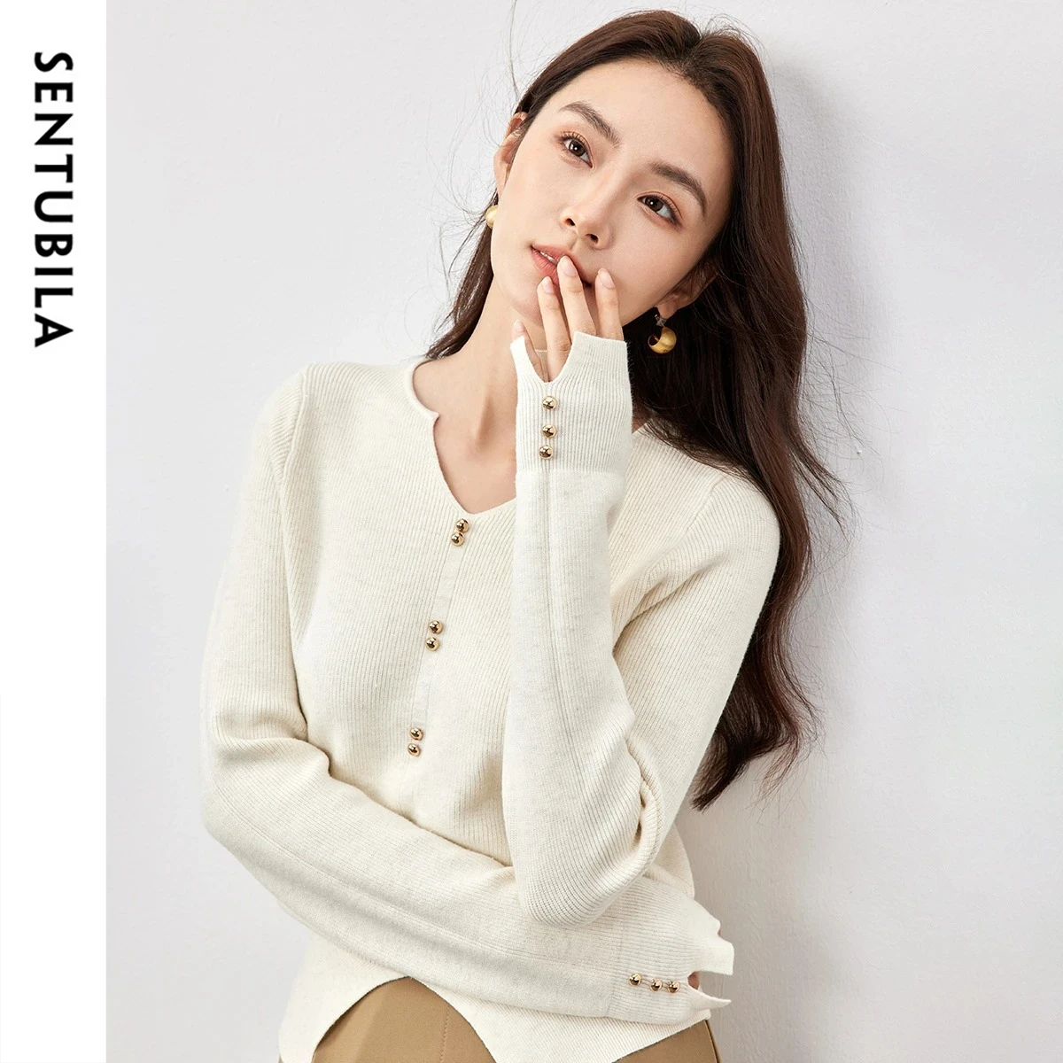 

SENTUBILA повседневный вязаный свитер, женский теплый однотонный топ с длинными рукавами, осень 2022, свободный обтягивающий женский пуловер с v-образным вырезом W53HA3271X