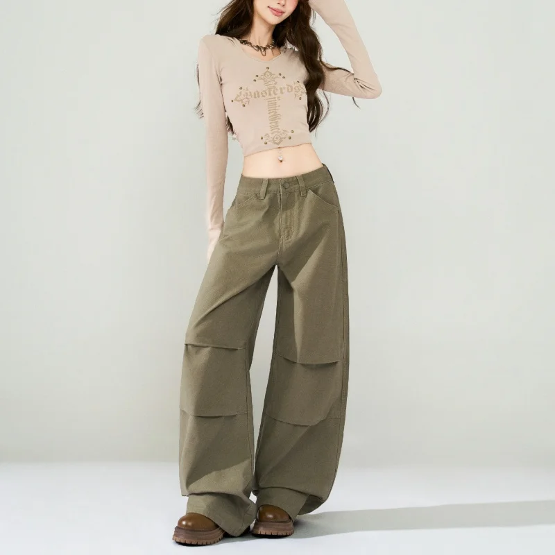 High Waist Vintage Curve Cut Wide Leg Jeans Women Y2K Streetwear Casual Loose Folds Denim Baggy Pants