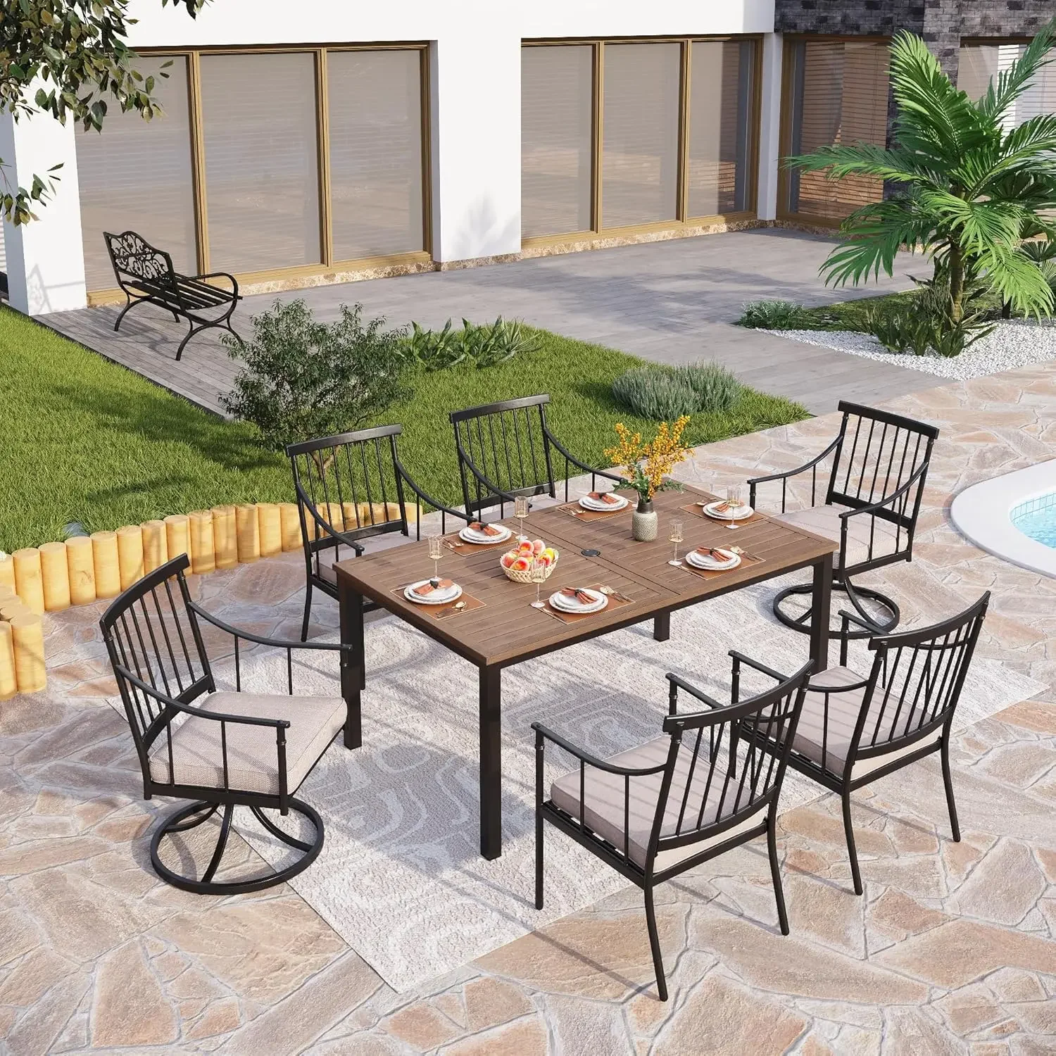 7 Pieces Outdoor Dining Set for 6, 65” Wood-Like Metal Rectangle Dining Table & Swivel Chairs with Cushions