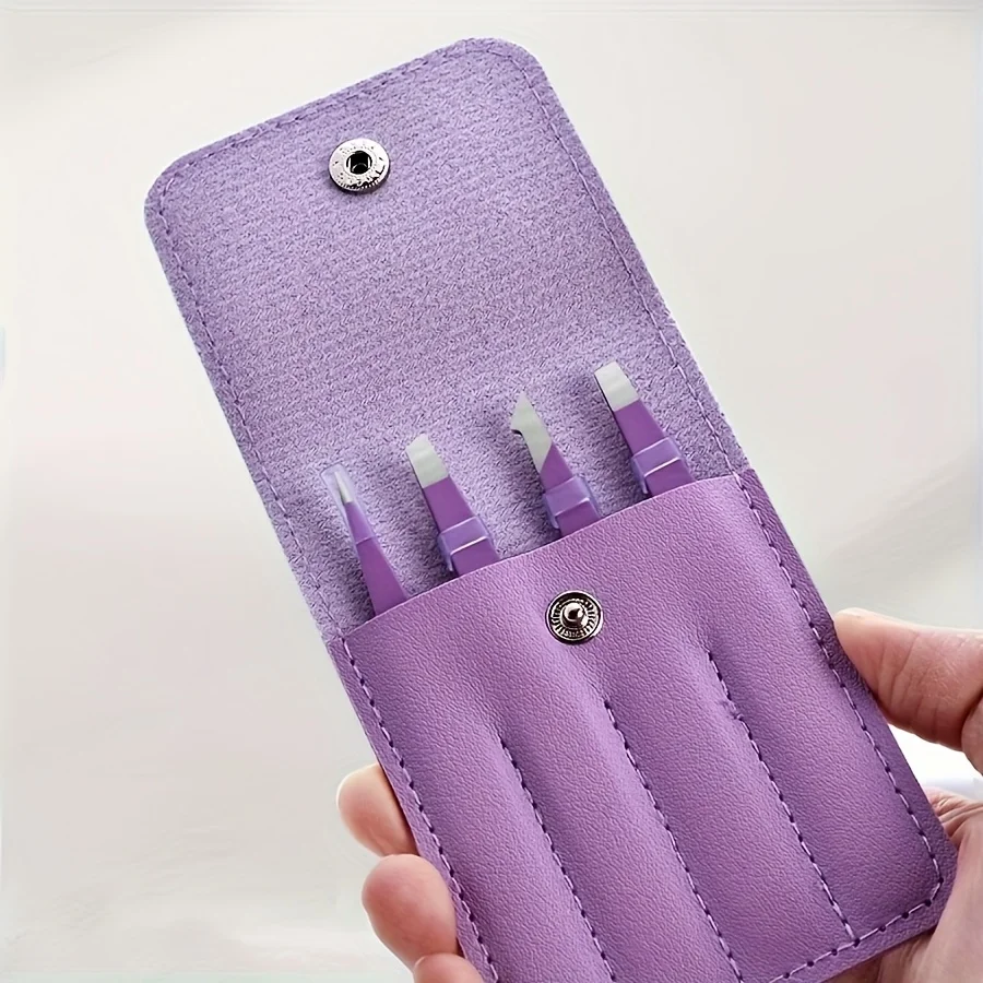 Ensemble de pincettes à sourcils en acier inoxydable, avec rangement, outils de maquillage violets pour extensions de cils, façonnage des sourcils et épilation, 4 pièces