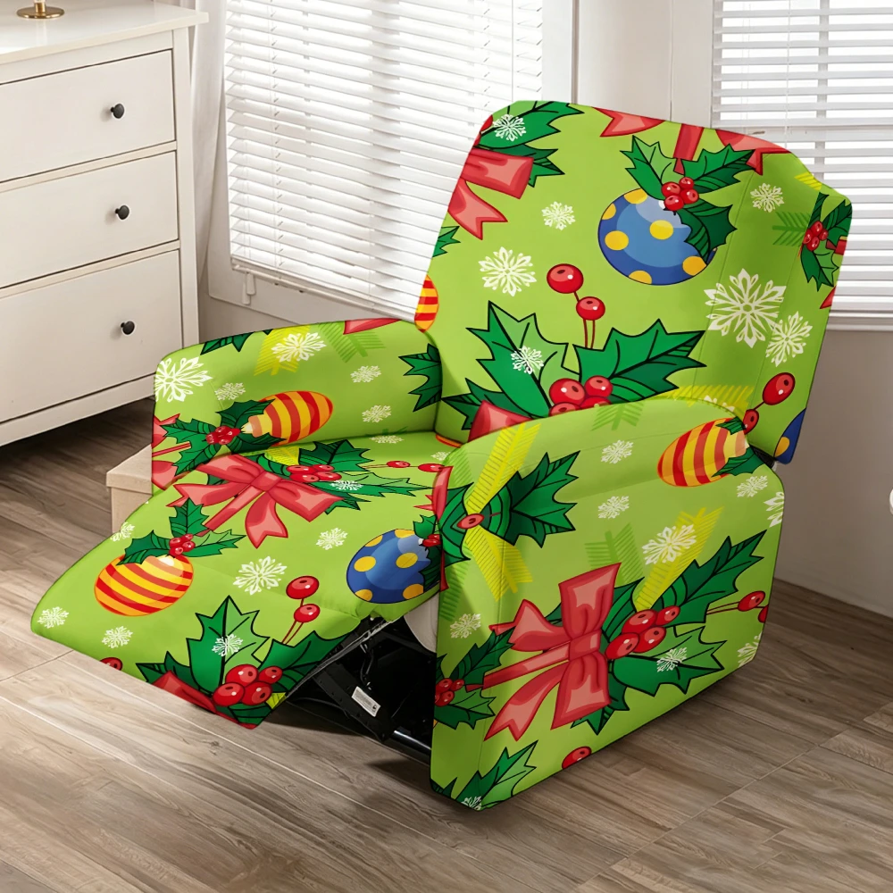 Light Green Holly Colorful Bauble Red Bow Snowflake Print Stretch Recliner Chair Cover, Removable Washable Full Sofa Slipcover
