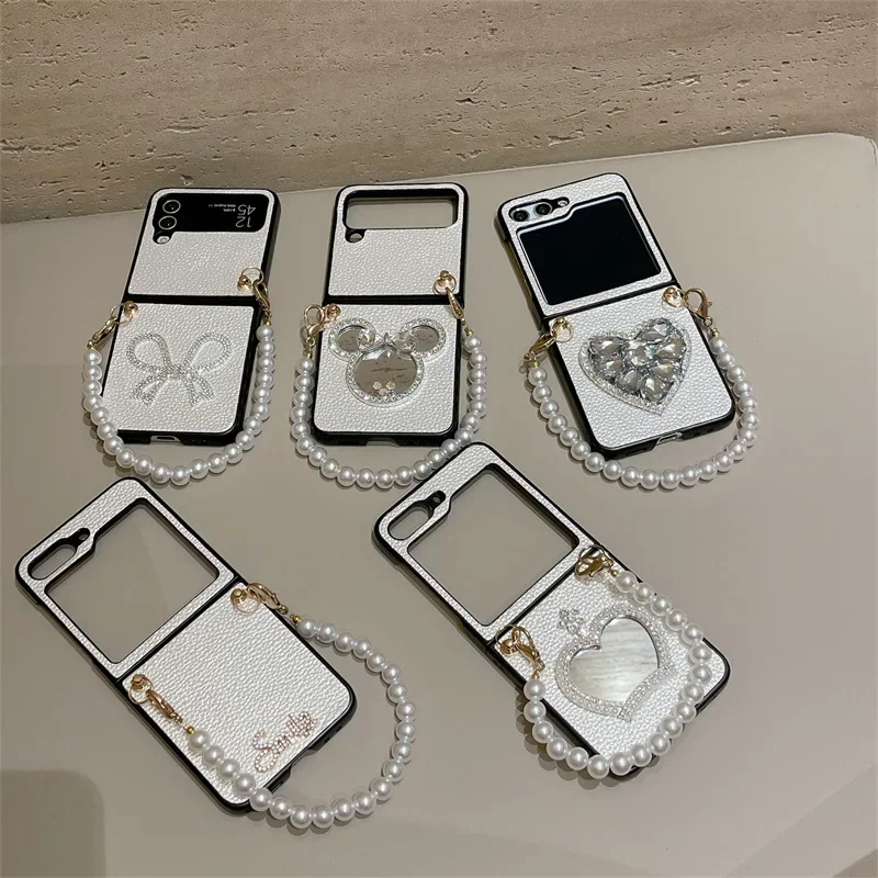 Creative Mirror Pearl Chain Phone Case for Samsung Galaxy Z Flip 6 5 4 3 Protective Back Cover for ZFlip5 ZFlip6 Case Shell