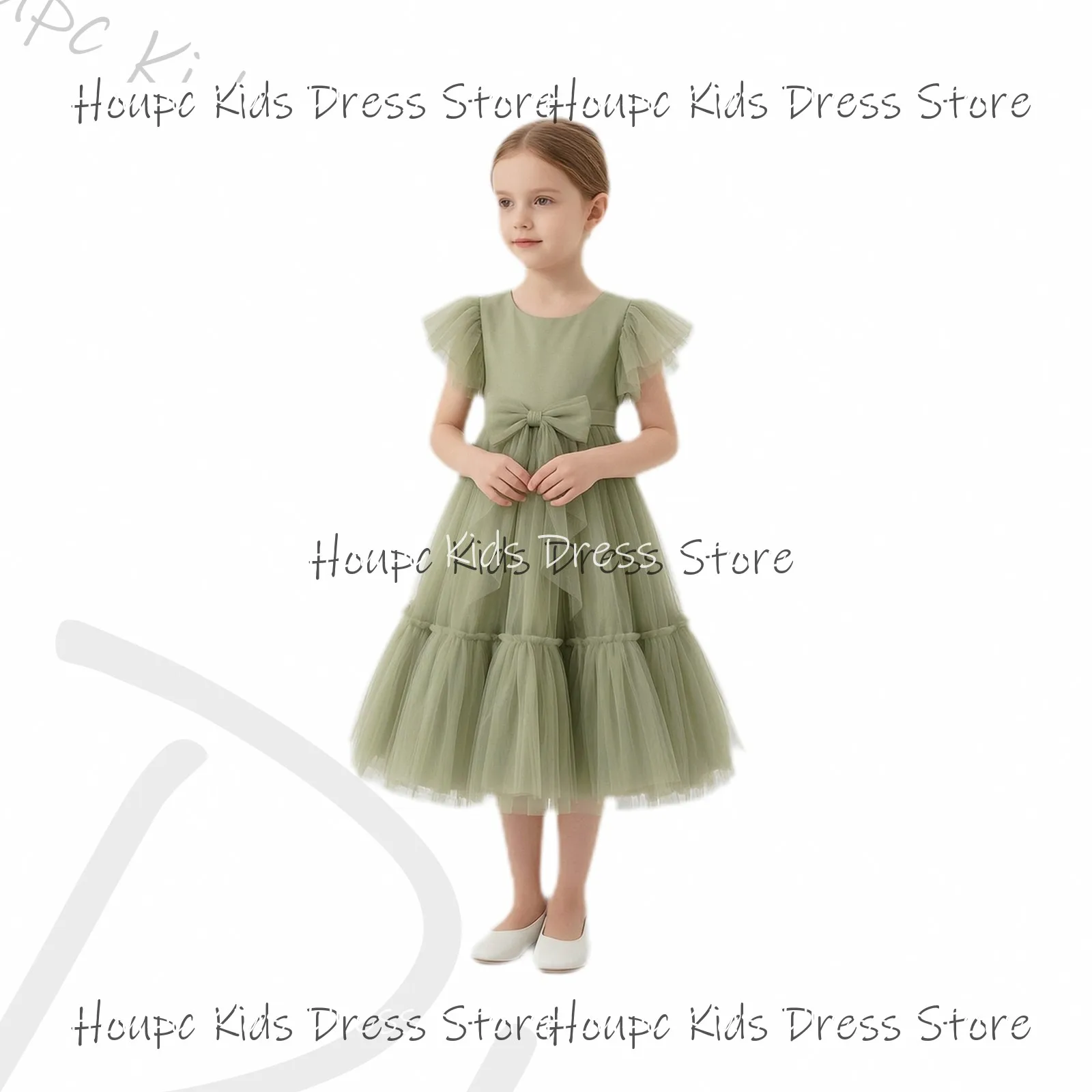 Custom Flower Girl Dresses Sage Green Tulle A-Line Dress with Ruffled Sleeves and Waist Bow for Wedding Birthday Party