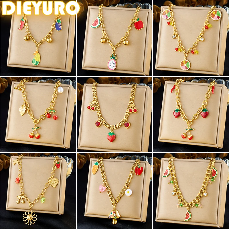 DIEYURO 316L Stainless Steell Cherry Strawberry Fruit Series Necklace For Women Lady New Fashion Neck Chain Jewelry Party Gift