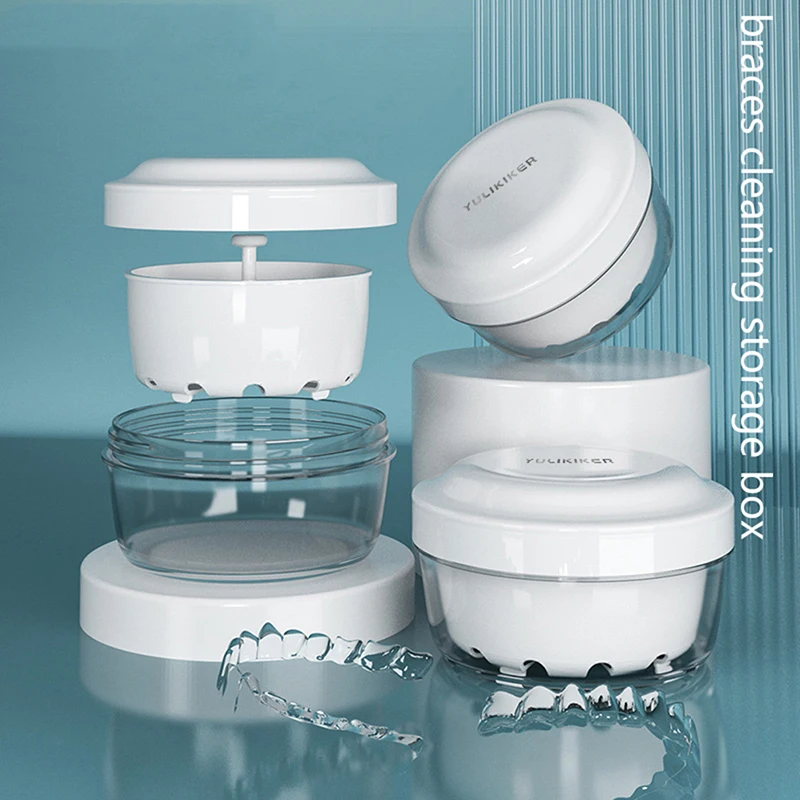 

Oral Orthodontic Retainer Cleaning Case Denture Bath Box with Strainer Double Layer Braces Denture Storage Box Soaking Container