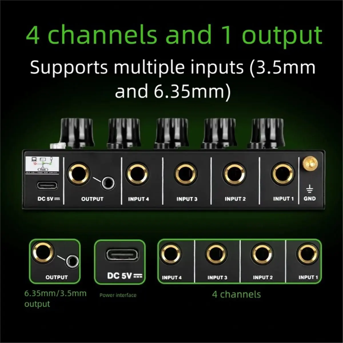 wilwill Mini Mixer 4 Channel Line Small Mixer Microphone Extender Microphone Instrument Audio Integrator Black