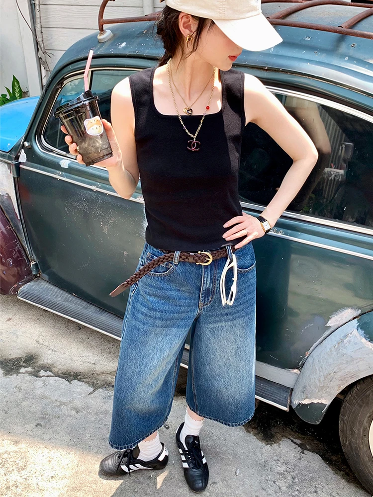 

Женская майка Augmap Original Design из шелкового хлопка с квадратным воротником, базовый слой, четыре цвета, практичная, в стиле ретро, свободного кроя