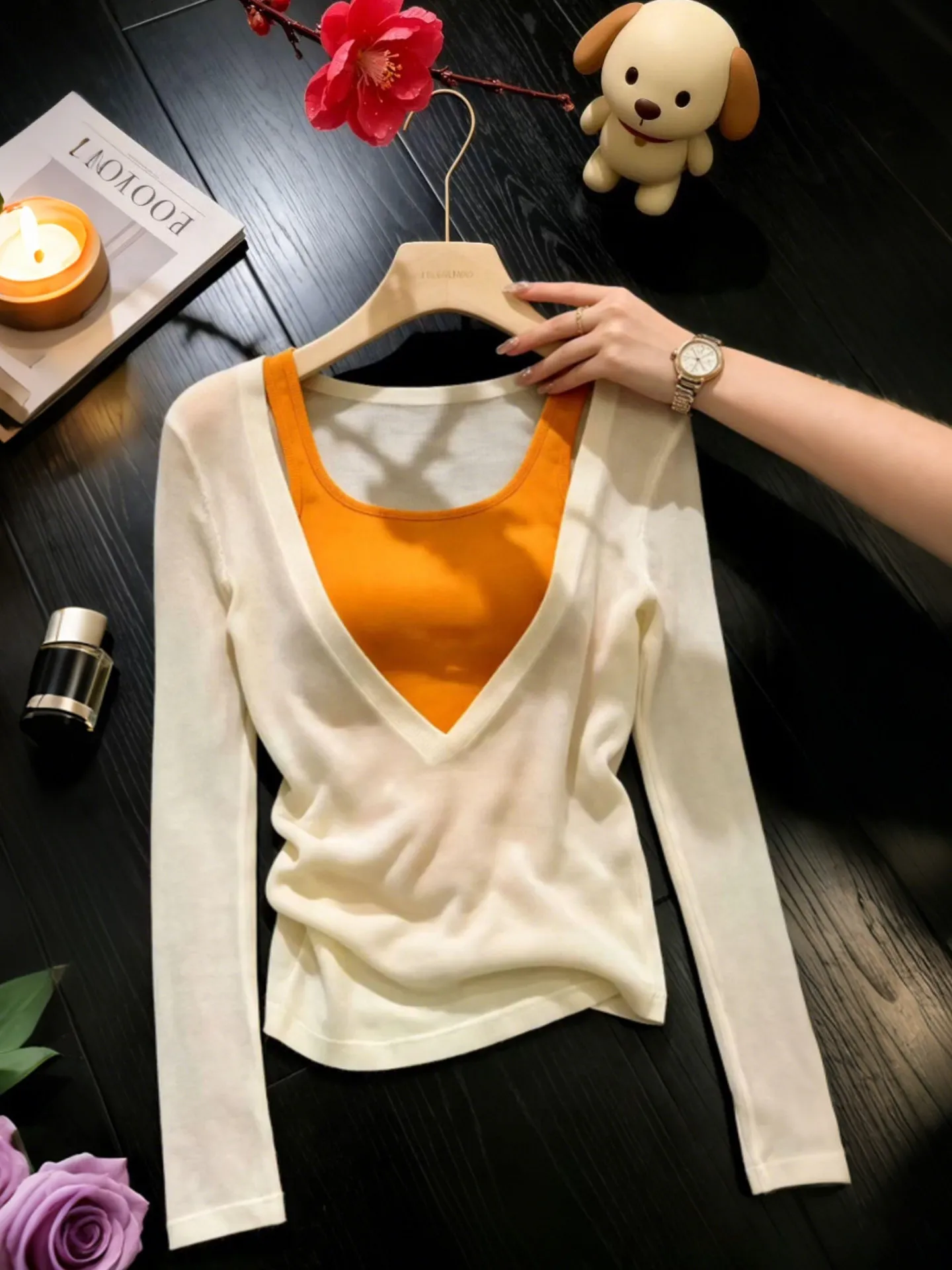 

Summer Beautiful Orange Strap Vest Knitted Two-Piece Set Women's Gentle Atmosphere Inner Wear Knitted Cover up Set