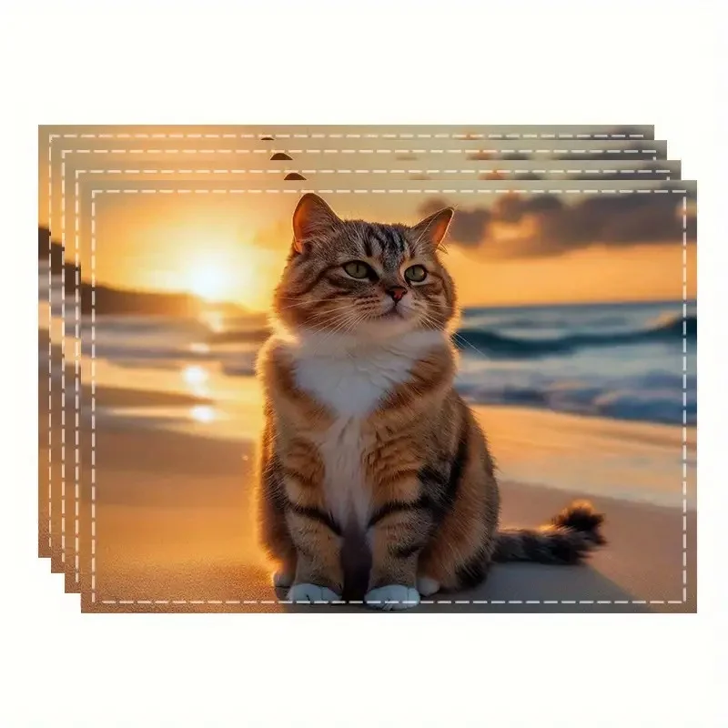 Sunset Beach Cat Linen Placemat Realistic Kitten Sea Wave Table Mat Heat Resistant Coaster Dining Bowl Pad Home Decoration