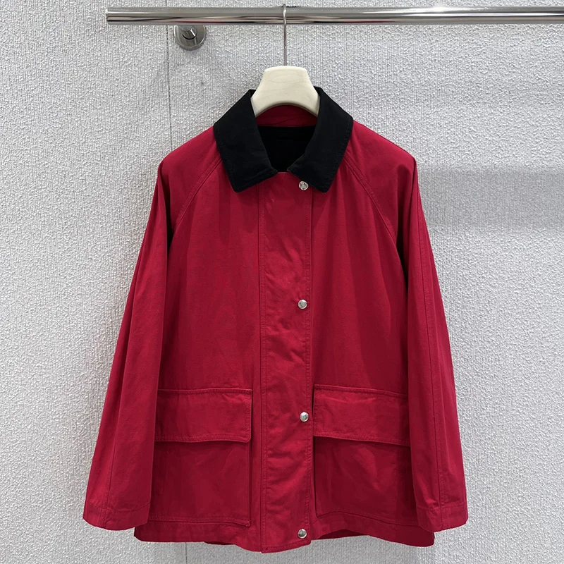 

Весенне-осенняя модная красная короткая куртка в стиле ретро, женская свободная однобортная короткая куртка с длинными рукавами