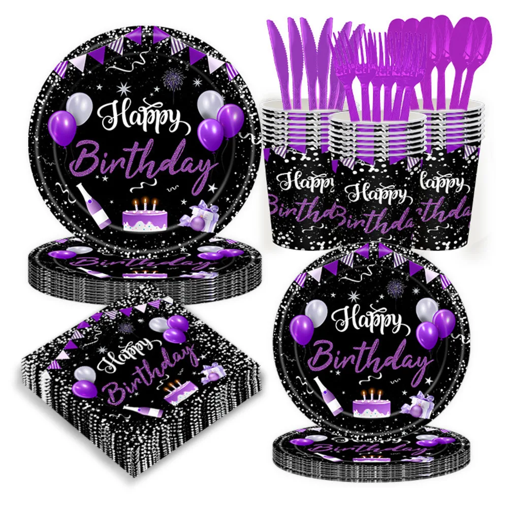 Ensemble de vaisselle pour fête d'anniversaire violette, 10 pièces, ballons pour célébration d'enfants, assiettes et mouchoirs en papier jetables, ensemble de fournitures