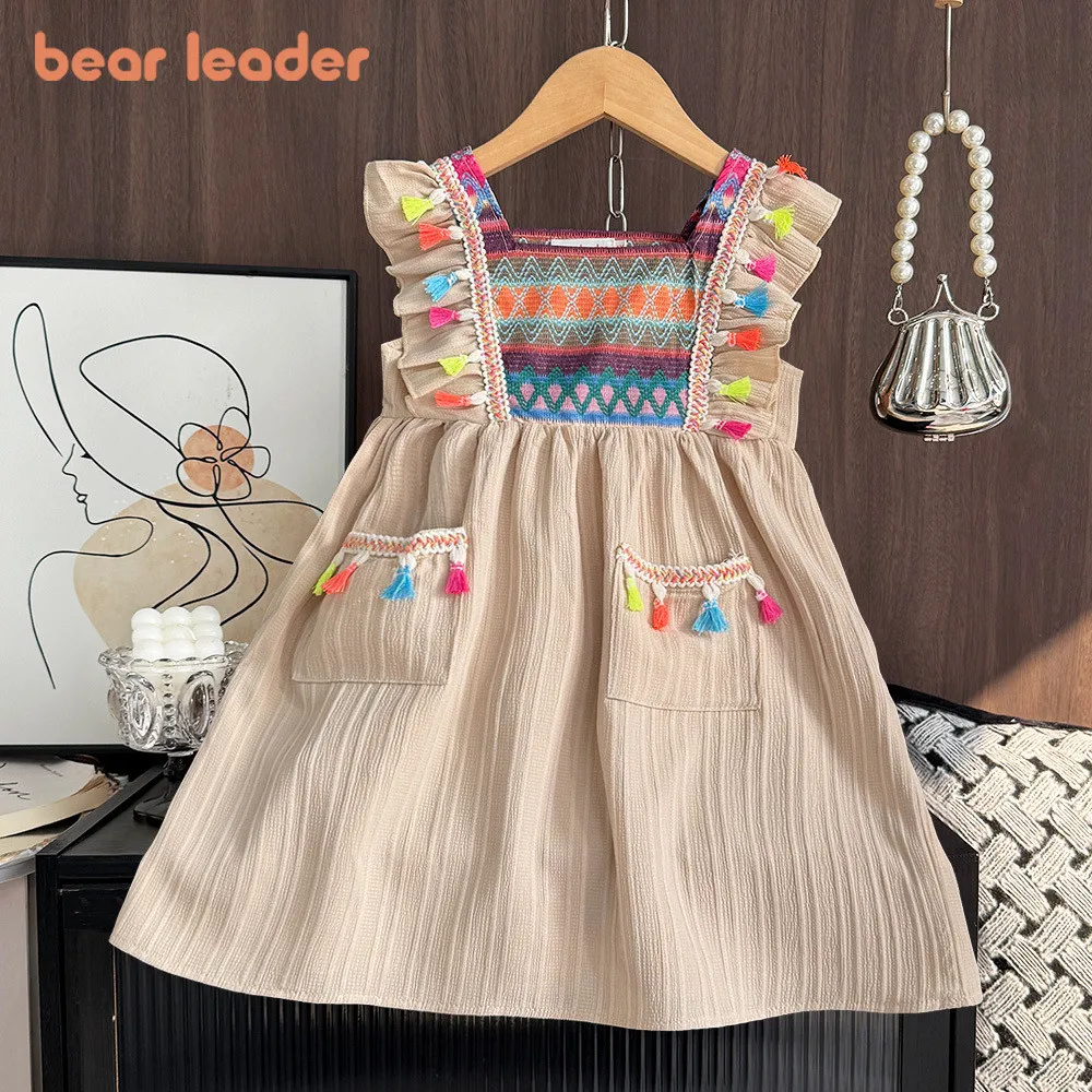 

Bear Leader 3-7 лет, новые летние повседневные платья цвета хаки для девочек, жилет без рукавов с карманами и кисточками, платье в богемном стиле, детская одежда