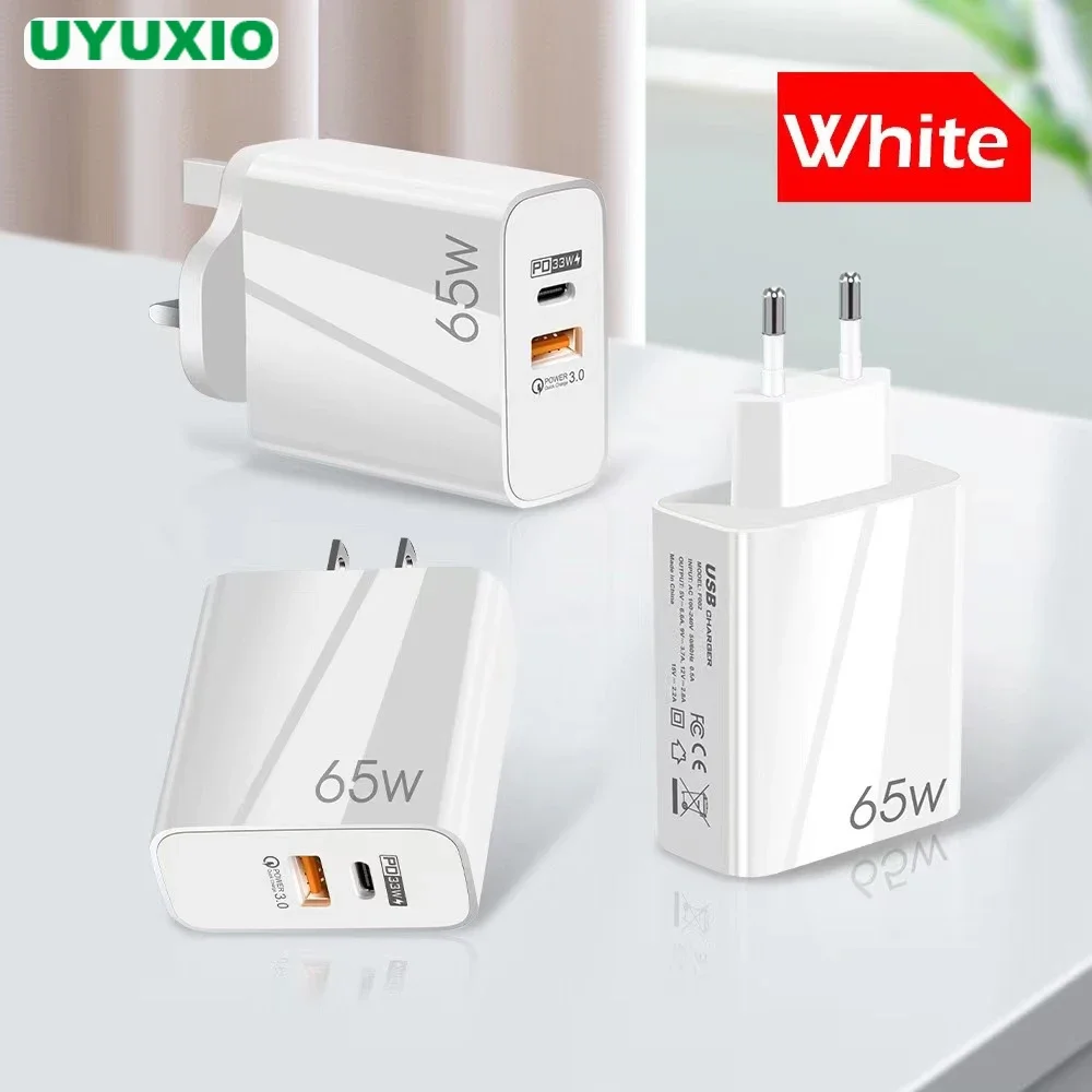 UYUXIO USB C PD 2 in 1 Phone Charger Adapter 65W Gan Fast Charging for Macbook iPhone 16 15 Pro Max Plus iPad Samsung All Phone