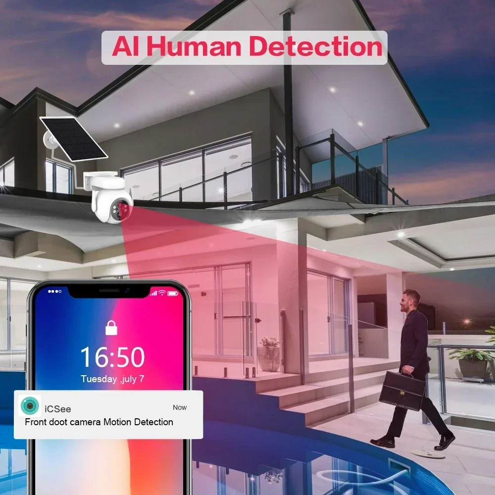 Imagem -05 - Câmera de Segurança Solar ao ar Livre com Painel Solar Vigilância sem Fio Ptz Bateria Pir Detecção Humana Wifi 5mp Icsee 360 °