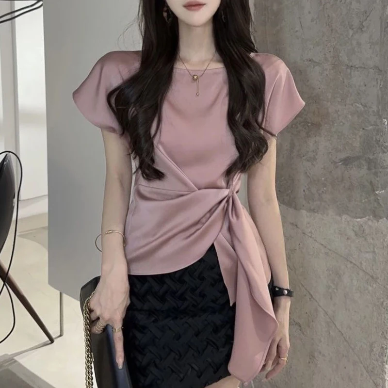 Women\'s Korean Fashion Lace Up Asymmetrical Designer Blouse Office Lady Luxury Elegant Shirt Short Sleeve Solid Slim Tops Blusas