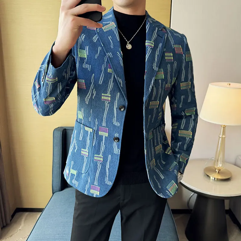 เสื้อโค้ทผ้าเดนิมลายแจ็คการ์ดสุดหรู ปี 2025 แฟชั่นผู้ชาย ทรงเข้ารูป สไตล์ลำลอง ธุรกิจ งานเลี้ยง ชุดยูนิฟอร์ม งานแต่งงาน ชุดทีลโค้ท