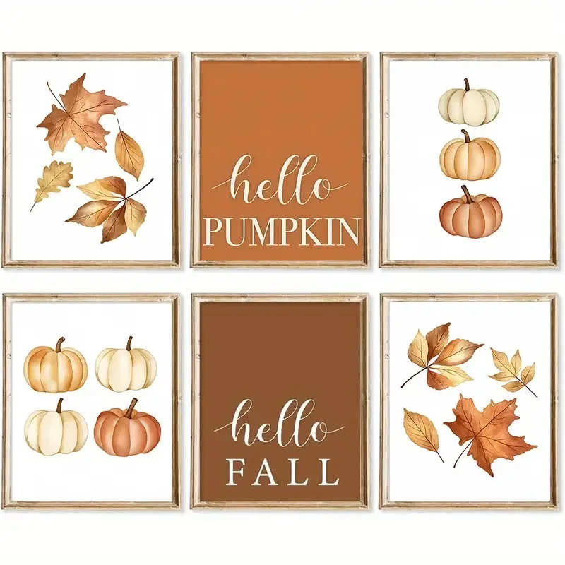 Retro-Kürbis Herbstblätter Aquarell Leinwanddruck „Hallo Herbst“ Zitat Wandkunst Poster Modernes Wohnzimmer Halloween Heimdeko
