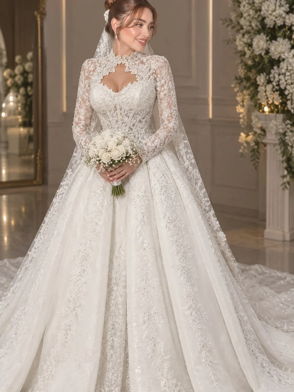 Elegant Princess Wedding Dress Long Sleeve Lace Appliques High Neck Corset Beaded Bridal Dress Vestidos De Novia Customized